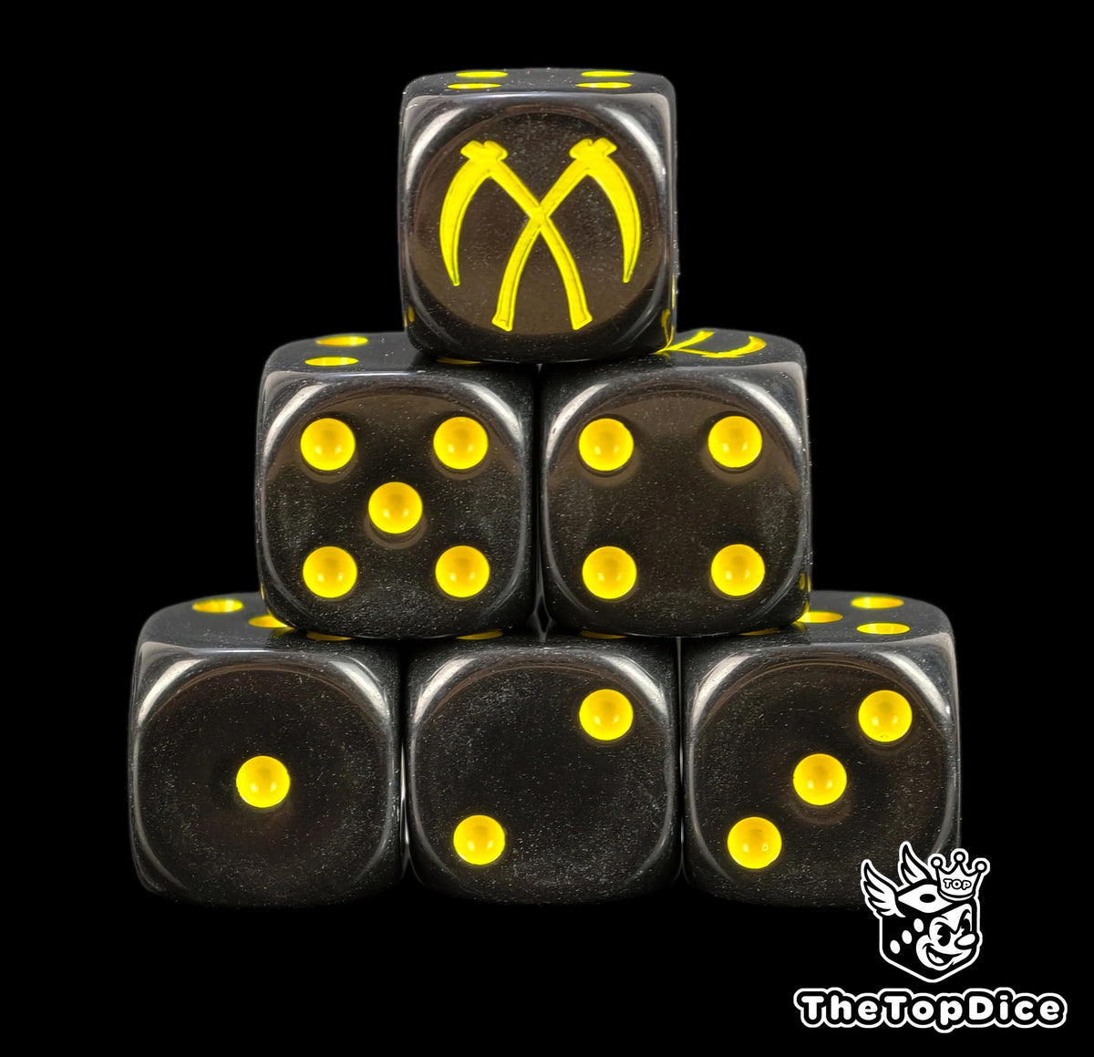 Six black Scythes of the Emperor dice stacked, yellow crossed scythes above yellow pips
