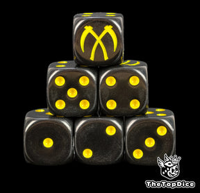 Six black Scythes of the Emperor dice stacked, yellow crossed scythes above yellow pips