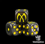 Three black 16mm Space Marine D6, the yellow crossed scythes facing front beside yellow pips