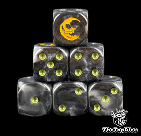 Six black goblin dice stacked, yellow grinning moon above olive green pips