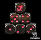Six black Emperor's Children dice stacked, magenta Slaanesh spiral above magenta pips