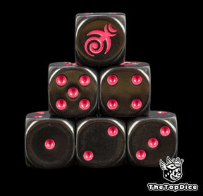Six black Emperor's Children dice stacked, magenta Slaanesh spiral above magenta pips