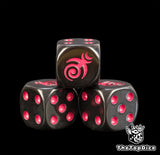 Three black 16mm Slaanesh D6, the magenta spiral sigil facing front beside magenta pips