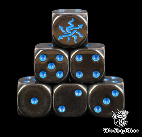 Black Tzeentch D6 stacked, cosmic blue pips and the blue eye of Tzeentch on the six