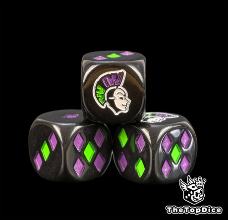 Close up of Eldar Harlequin dice showing acid green and violet diamond pips on the same face
