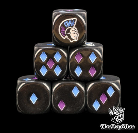 Harlequin D6 dice with two tone diamond pips in blue and purple on black resin and a white jester mask