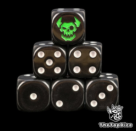 Black Ork D6 dice stacked for a Waaagh, white pips and a green ork skull on the six