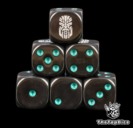 Black Leagues of Votann D6 dice stacked, teal pips and a white ancestor rune mask