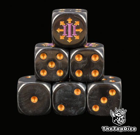 Black 16mm resin D6 dice with gold pips and a purple III legion numeral stacked in a pyramid