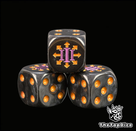 Close view of the purple III numeral with gold chaos stars on a black Horus Heresy D6