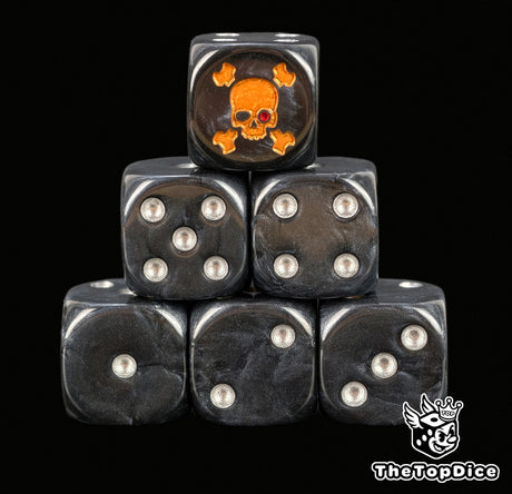 Black 16mm resin D6 dice with silver pips and a gold skull with a red eye stacked in a pyramid