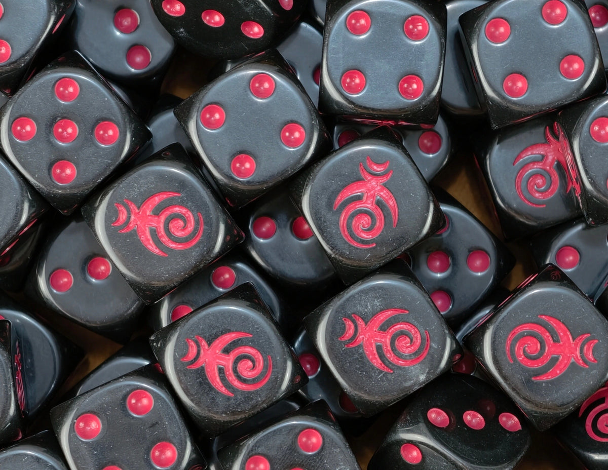 A pile of black Emperor's Children dice, magenta spirals and magenta pips repeating