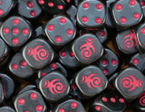 A pile of black Emperor's Children dice, magenta spirals and magenta pips repeating