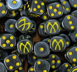 A pile of black Scythes of the Emperor dice, yellow crossed scythes and yellow pips repeating
