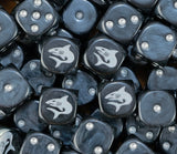 A pile of black Carcharodons dice, white sharks and silver pips repeating