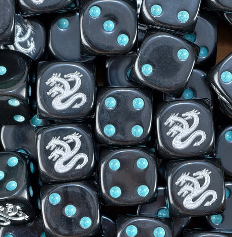 Pile of 16mm black Horus Heresy Alpha Legion D6 with silver hydra and turquoise pips