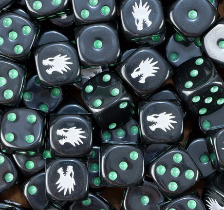 Pile of 16mm black Space Marine Salamanders D6 with white drake heads and green pips
