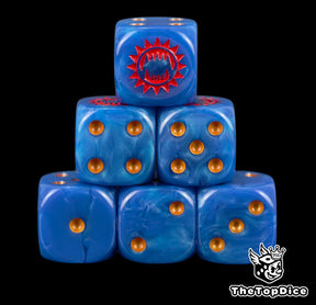 Dark blue 16mm resin D6 dice with gold pips and a red fanged maw stacked in a pyramid
