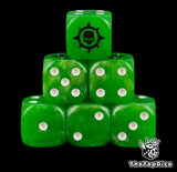 Green 16mm resin D6 dice with white pips and a black skull inside a cog stacked in a pyramid
