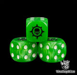 Close view of the black cog skull engraved on a green 16mm D6 with white pips