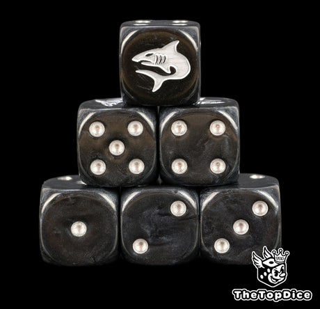 Six black Space Sharks dice stacked, white shark above silver pips
