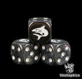 Three black 16mm Carcharodons D6, the white shark facing front beside silver pips
