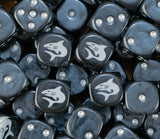 A pile of black Carcharodons dice, white sharks and silver pips repeating