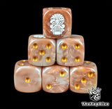Bronze resin D6 dice with a white sky dwarf emblem and gold pips