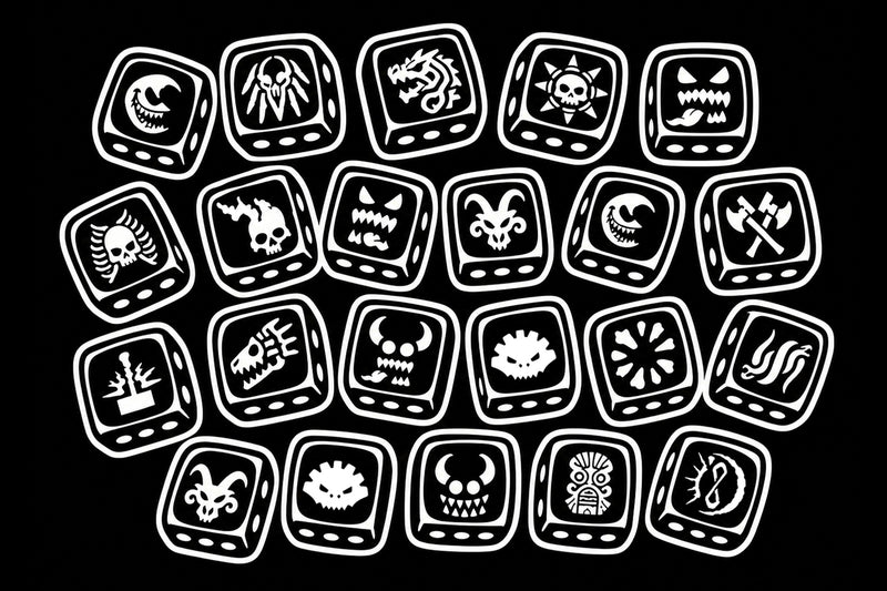 Age of Fantasy army dice designs in 16mm resin for order, death, chaos and destruction