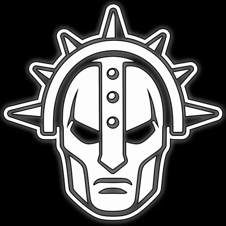 Spiked halo mask of a fantasy warrior, white on black, tile for Age of Fantasy 16mm army dice