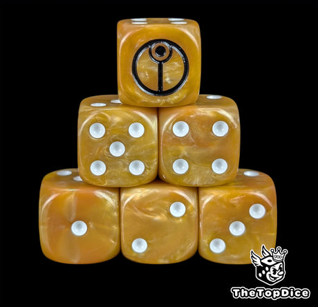 Amber 16mm D6 dice with a black alien sigil emblem and white pips for sci-fi wargaming