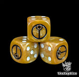Close up of an amber 16mm resin D6 die engraved with a black alien sigil and white pips