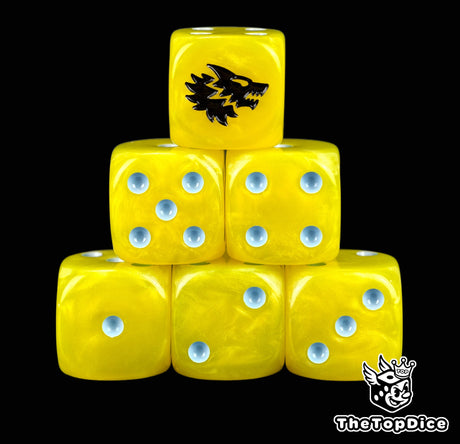 Six yellow Space Wolves D6 stacked, blue pips and a black wolf head