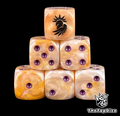 Six gold Sons of the Phoenix D6 stacked, violet pips and a black crest
