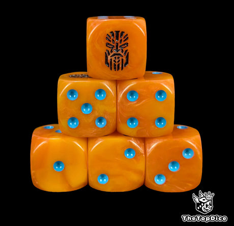 Orange 16mm D6 dice with a black rune face emblem and blue pips for sci-fi wargaming