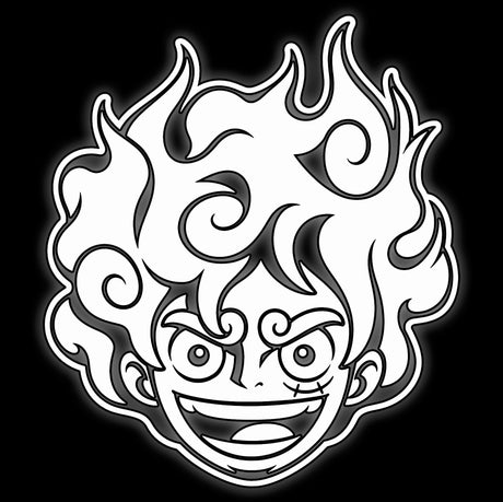 Grinning anime pirate with wild flame hair, white on black, pirate card game 16mm counter dice