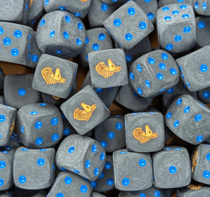 Pile of black anubis jackal 16mm D6 dice for fantasy RPG and DnD games