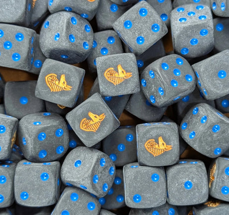 Pile of black anubis jackal 16mm D6 dice for fantasy RPG and DnD games