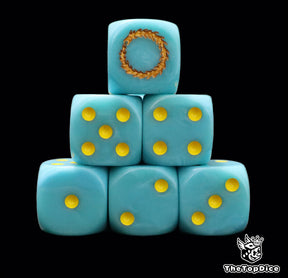 Blue 16mm D6 dice with a gold dragon emblem and yellow pips for sci-fi wargaming