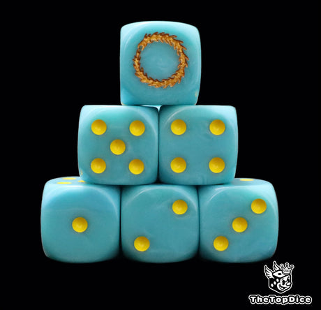 Blue 16mm D6 dice with a gold dragon emblem and yellow pips for sci-fi wargaming