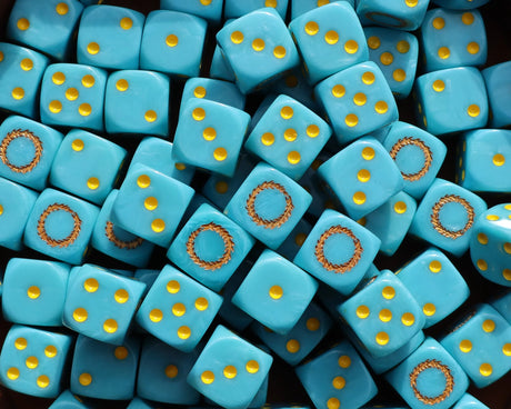 Pile of blue dragon 16mm D6 dice for a sci-fi sorcerer army