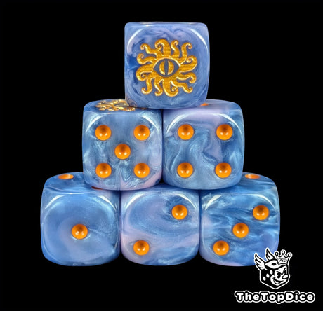 Blue and purple resin D6 dice with a gold eye and tentacle emblem and orange pips