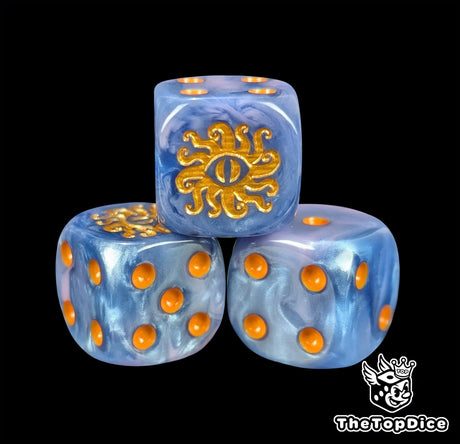 Close-up of a blue and purple D6 die with a gold eye and tentacles