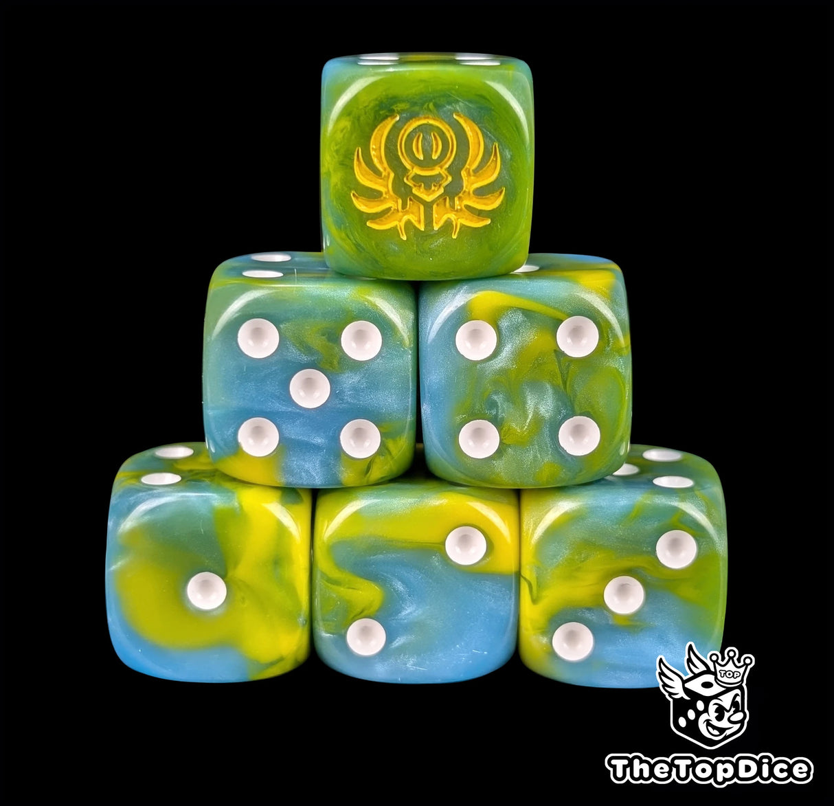 Yellow and blue resin D6 dice with a gold scarab symbol for arcane armies