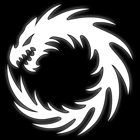 Swirling vortex of curved blades in white on black, tile for arcane sorcerer legion 16mm dice