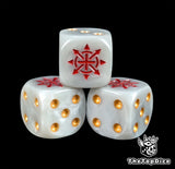 Close-up of a grey D6 die with a red dark star emblem