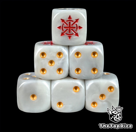 Grey resin D6 dice with a red dark star emblem and gold pips for dark armies