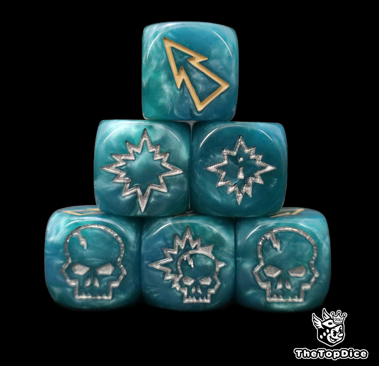 Close up of three blue 16mm block dice with beige pips for resolving blocks