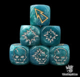 Close up of three blue 16mm block dice with beige pips for resolving blocks