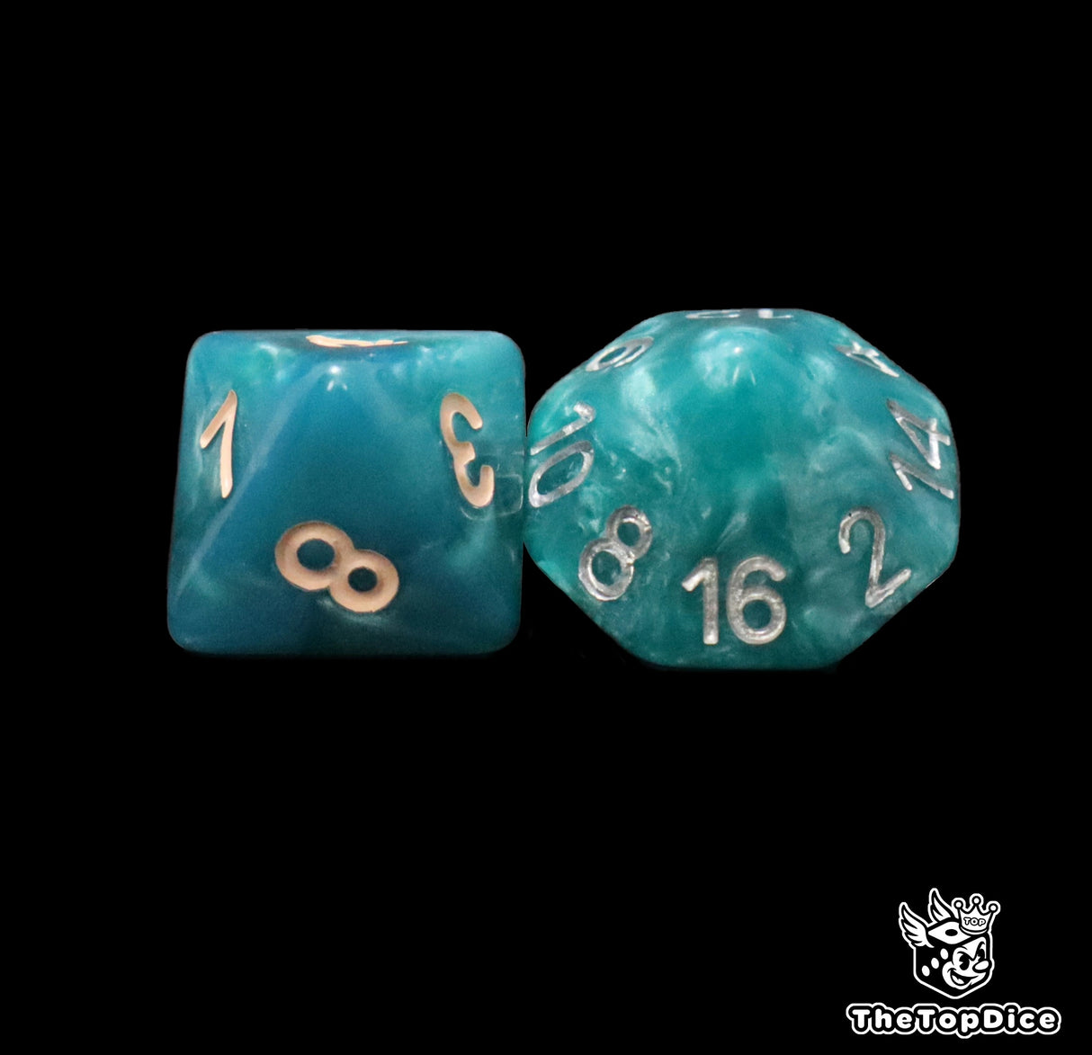 Close up of a blue D8 and D16 with beige numbers for scatter and long range rolls